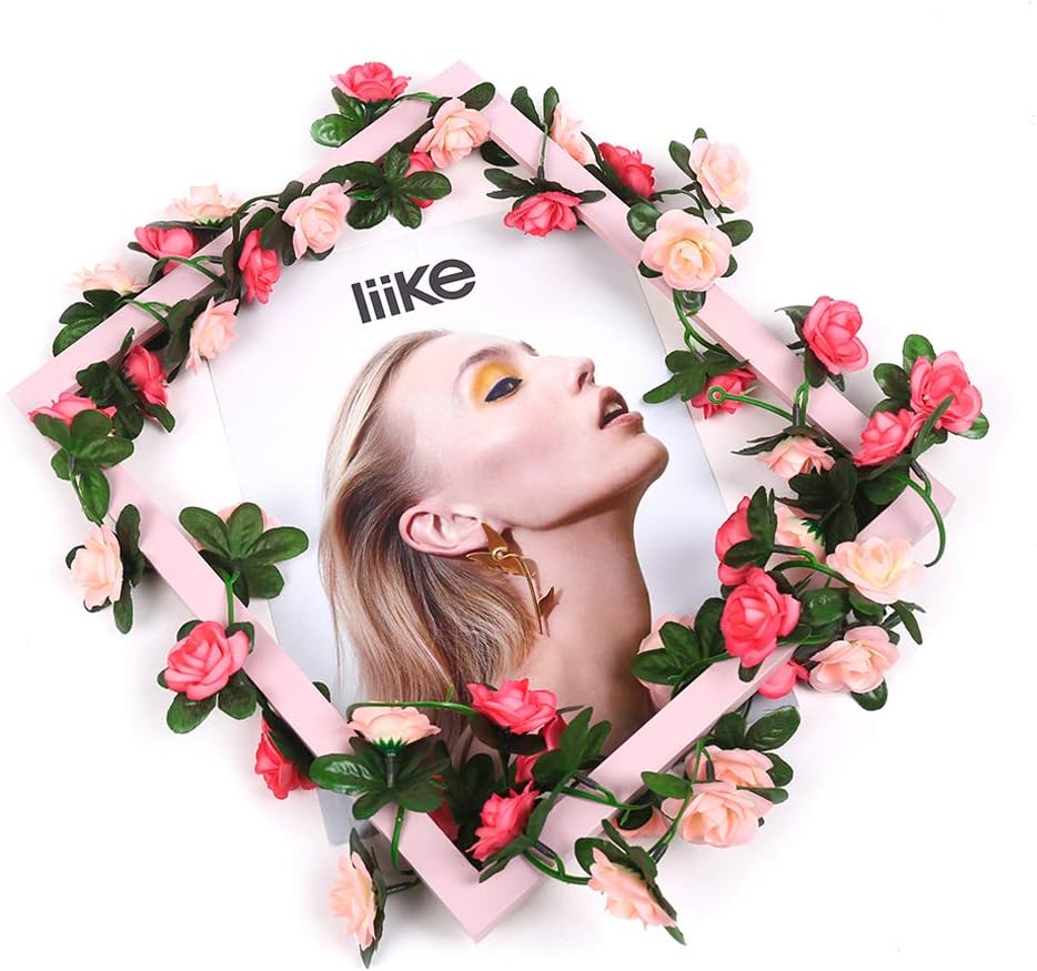 5 pcs 2.7 M artificielle faux rose guirlande vigne suspendus fleurs en soie guirlande de fleurs artificielles avec des feuilles de lierre vert (rose) - 5
