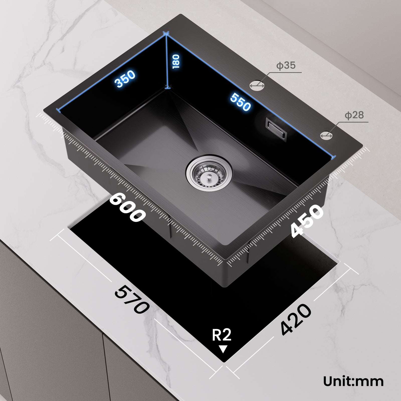 Cecipa max Évier de Cuisine 1 Cuve Inox 60×45×18 cm - Noir Évier 1 Bac avec Panier de Drainage - Évier de Cuisine Grande Capacité,EU Modèle - 4