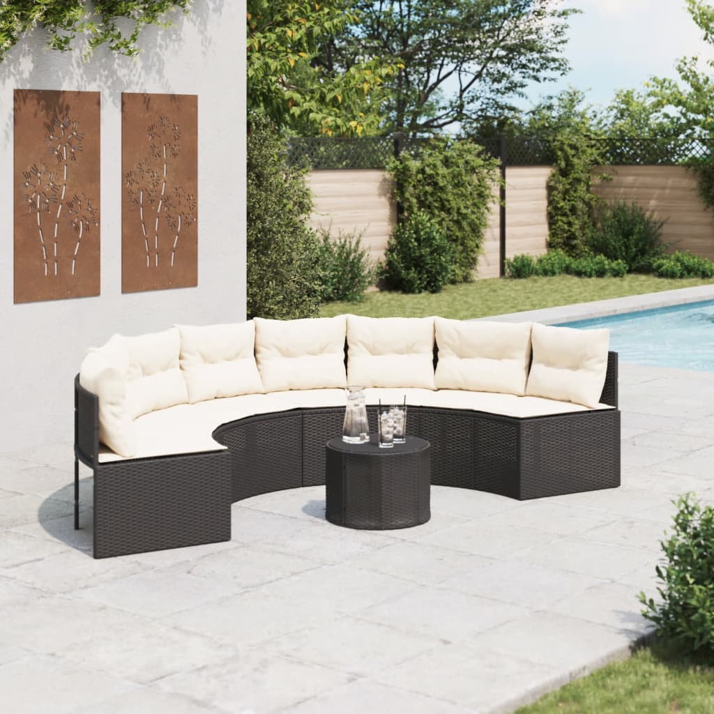 Sofa ogrodowa, stolik i poduszki, półokrągła, czarny rattan PE vidaXL