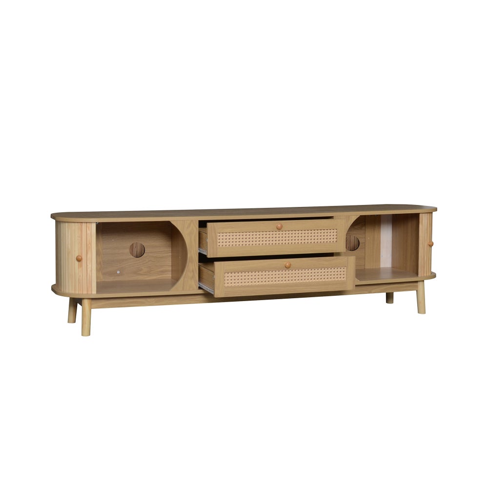 Mebel pod telewizor z litego drewna naturalnego z drzwiami i szufladami z rattanu – elegancki rustykalny design i praktyczne przechowywanie - 6