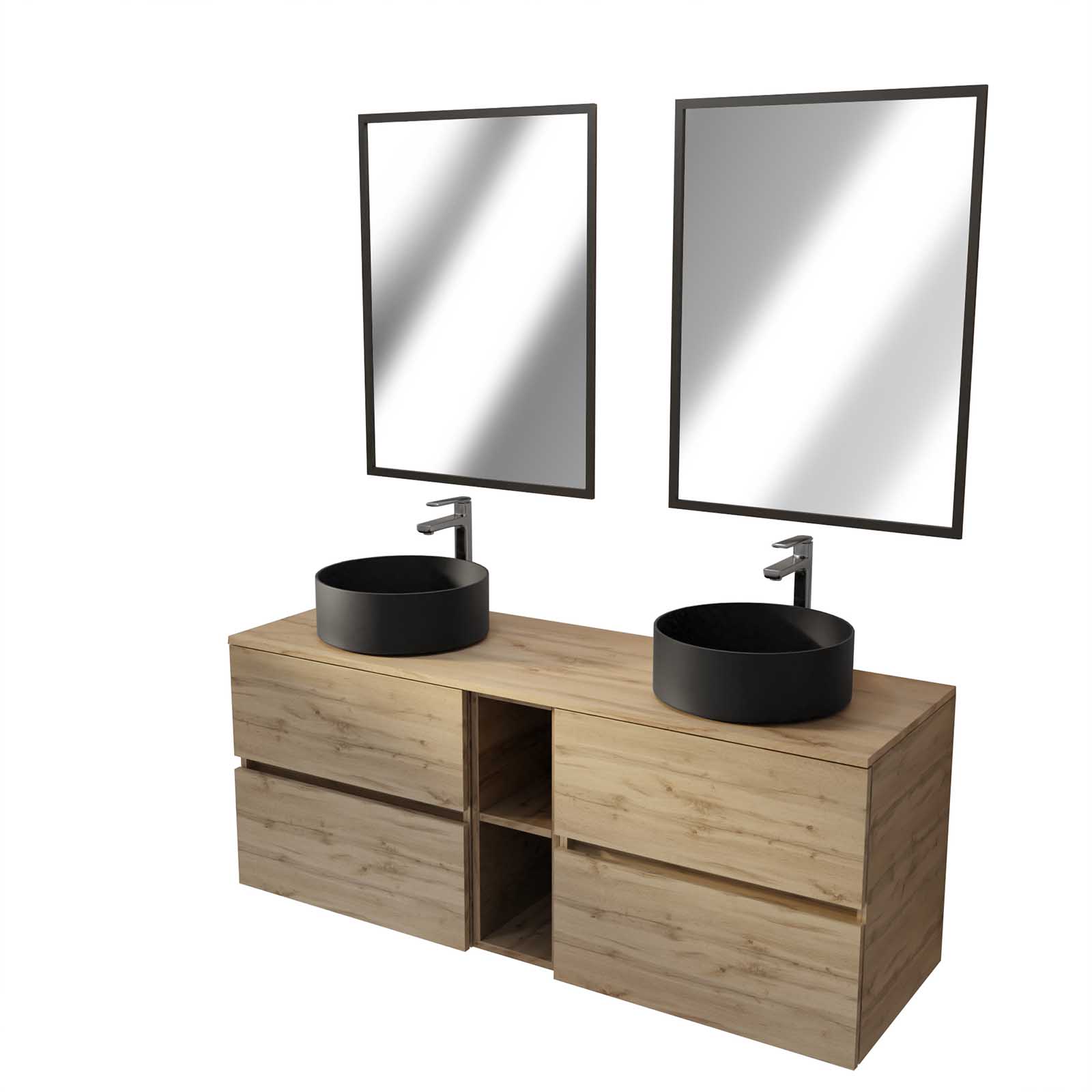 Meuble Salle de Bains 140 TIMBER Décor Chêne 4 Tiroirs et Module 2 Vasques Noires 2 Miroirs 60x80 - 3