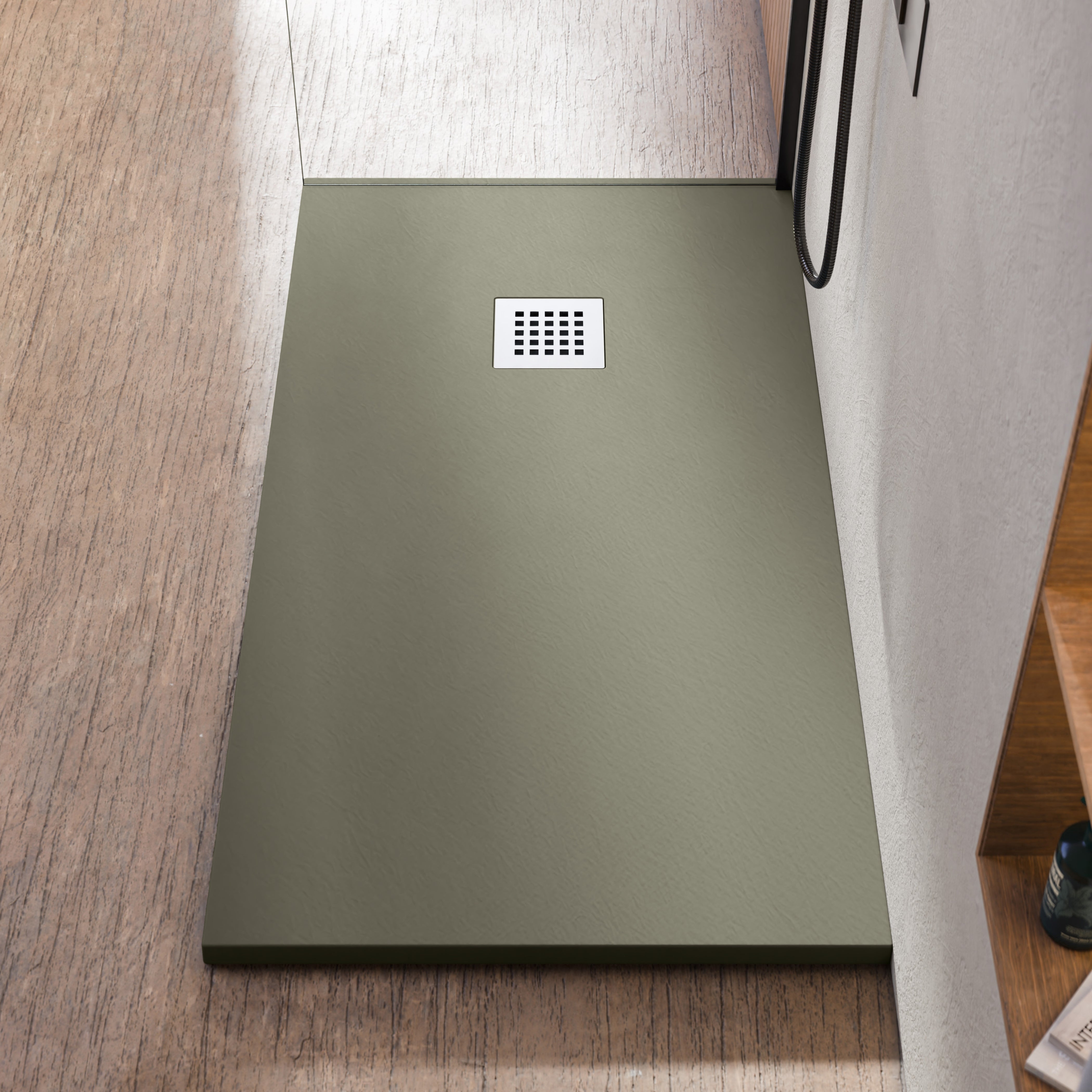 BELLOBATH - Plato de ducha de resina antideslizante - Textura pizarra suave - Plato ducha incluye válvula desagüe y rejilla- Kaki - 70 X 70&nbsp;cm - 2