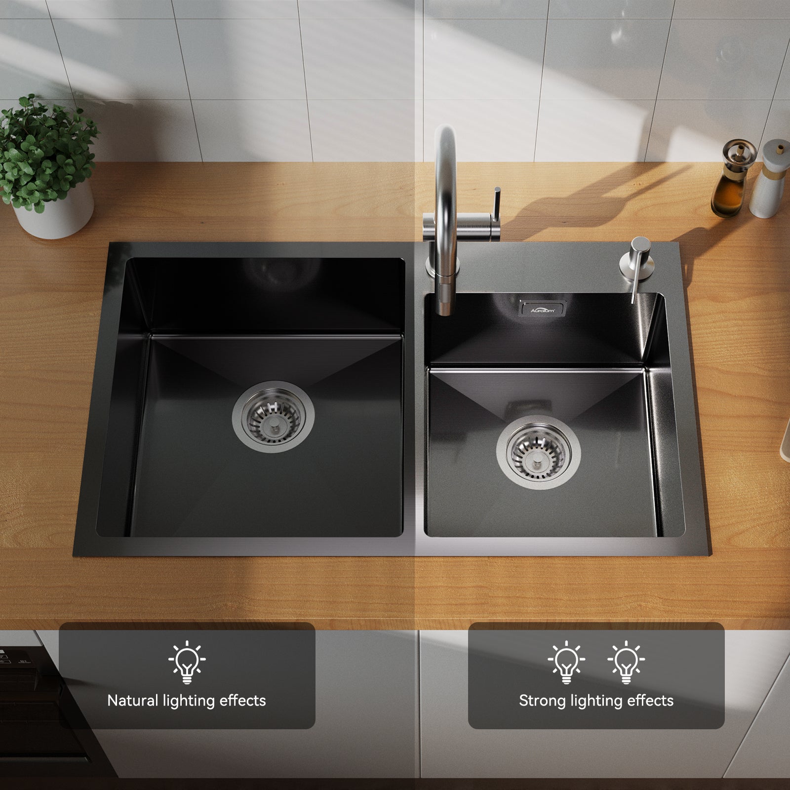 Evier de Cuisine en Inox Évier Double Bac avec 2 Trous de Montage Evier de Cuisine Kit avec Distributeur Savon/ Siphon, 75x45x19cm,Noir - 7