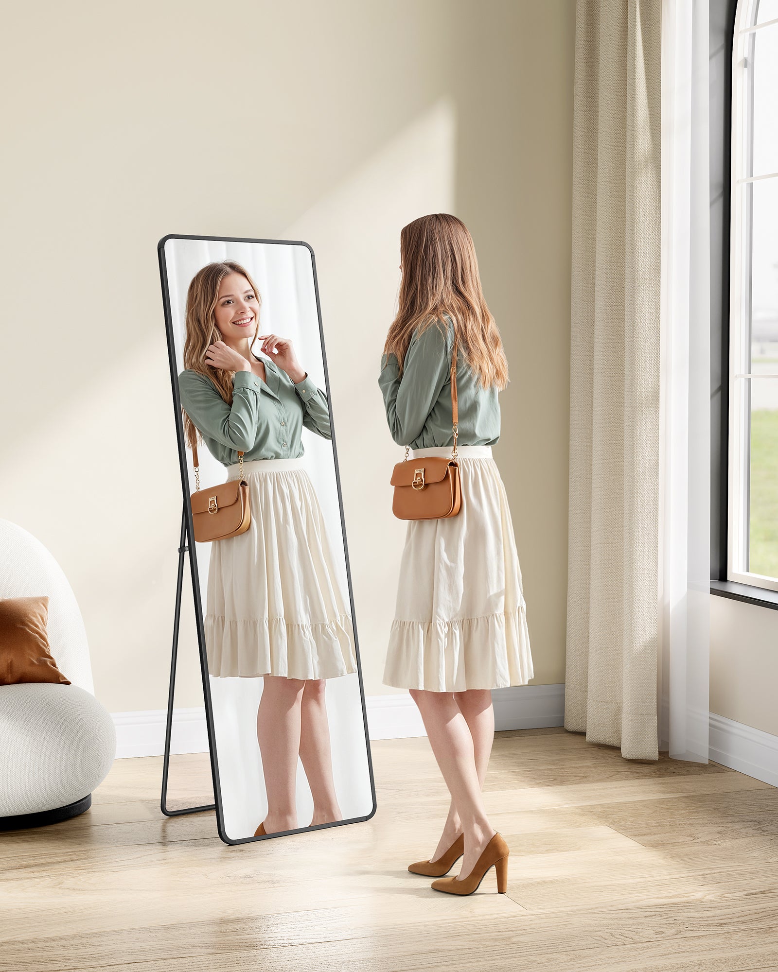 Specchio a Figura Intera 150 x 40 cm, da Terra Rettangolare con Supporto, Cornice in Alluminio, Vetro Temperato, Nero - 2