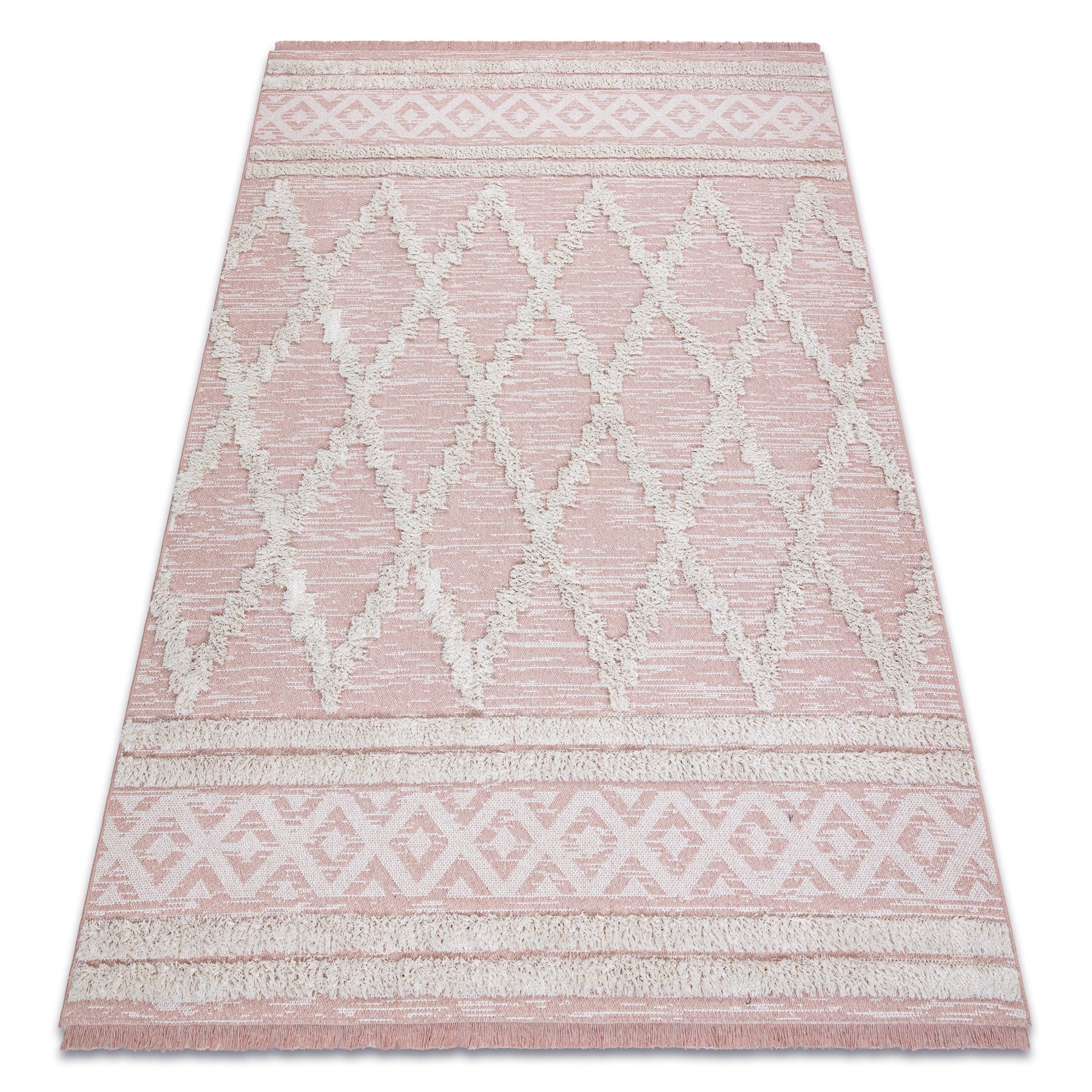 Alfombra eco sisal boho moroc diamantes 22297 franjas - dos niveles de vellón rosado / crema, alfombra reciclada 194x290 cm