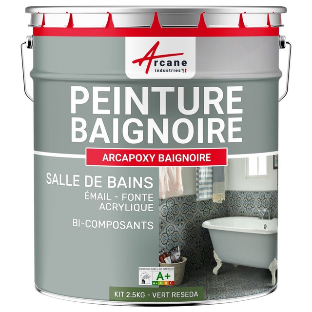 PEINTURE BAIGNOIRE LAVABO - Résine Époxy Pour Rénovation - 2.5 kg (jusqu'à 8 m² en 2 couches) Vert Réséda - RAL 6011 - ARCANE INDUSTRIES