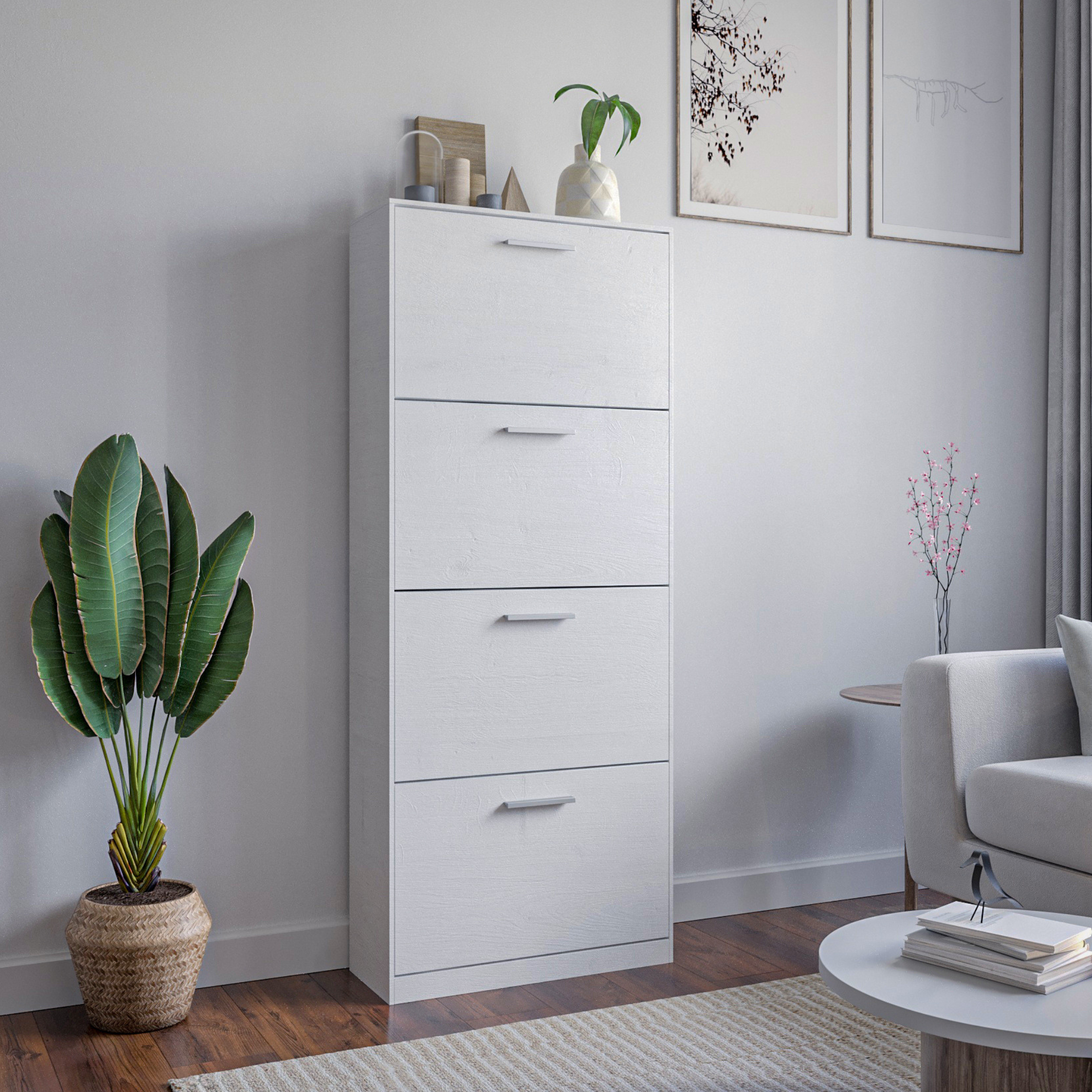 Scarpiera Salvaspazio da Ingresso 4 Ante a Ribalta, Mobile Slim In Legno Melaminico 63x24x150h, Bianca - ZIK - 3