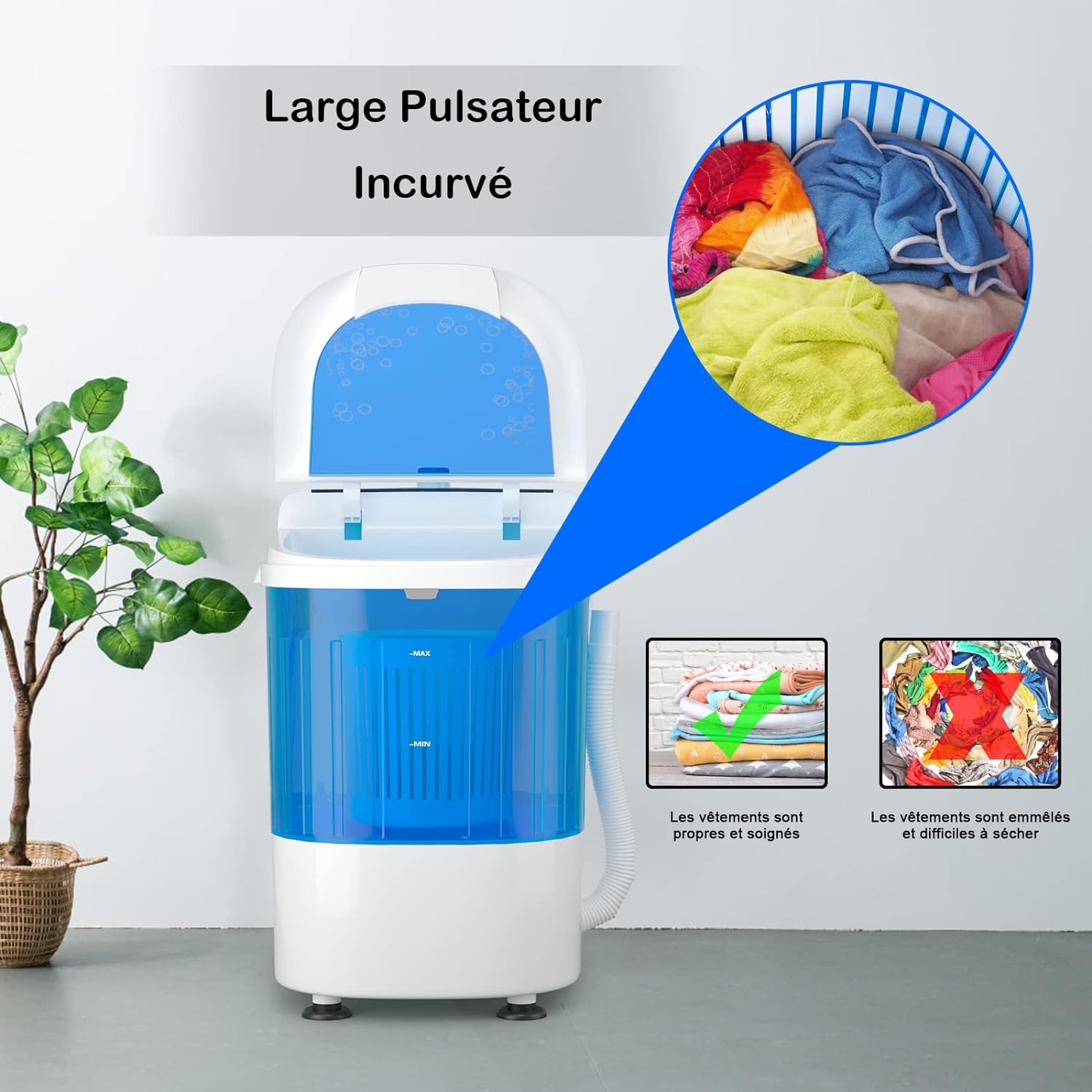 Mini lavadora de 2 kg con lavado rápido en 10 minutos - Lavadora semiautomática compacta y portátil - 36 x 34 x 51 cm, color azul - 4