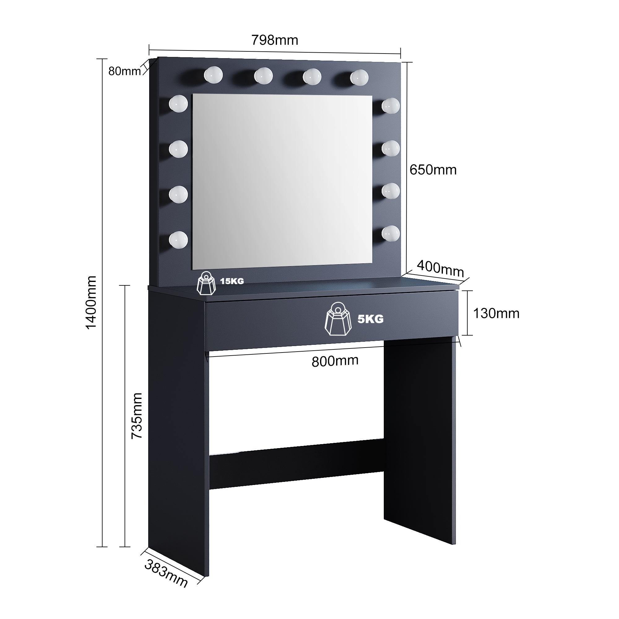 SIRHONA Coiffeuse avec Miroir et Tabouret Blanc,Ensemble de Coiffeuse avec Ampoules LED à Intensité Variable,Grand Tiroir,Noir 80x40x140cm - 5