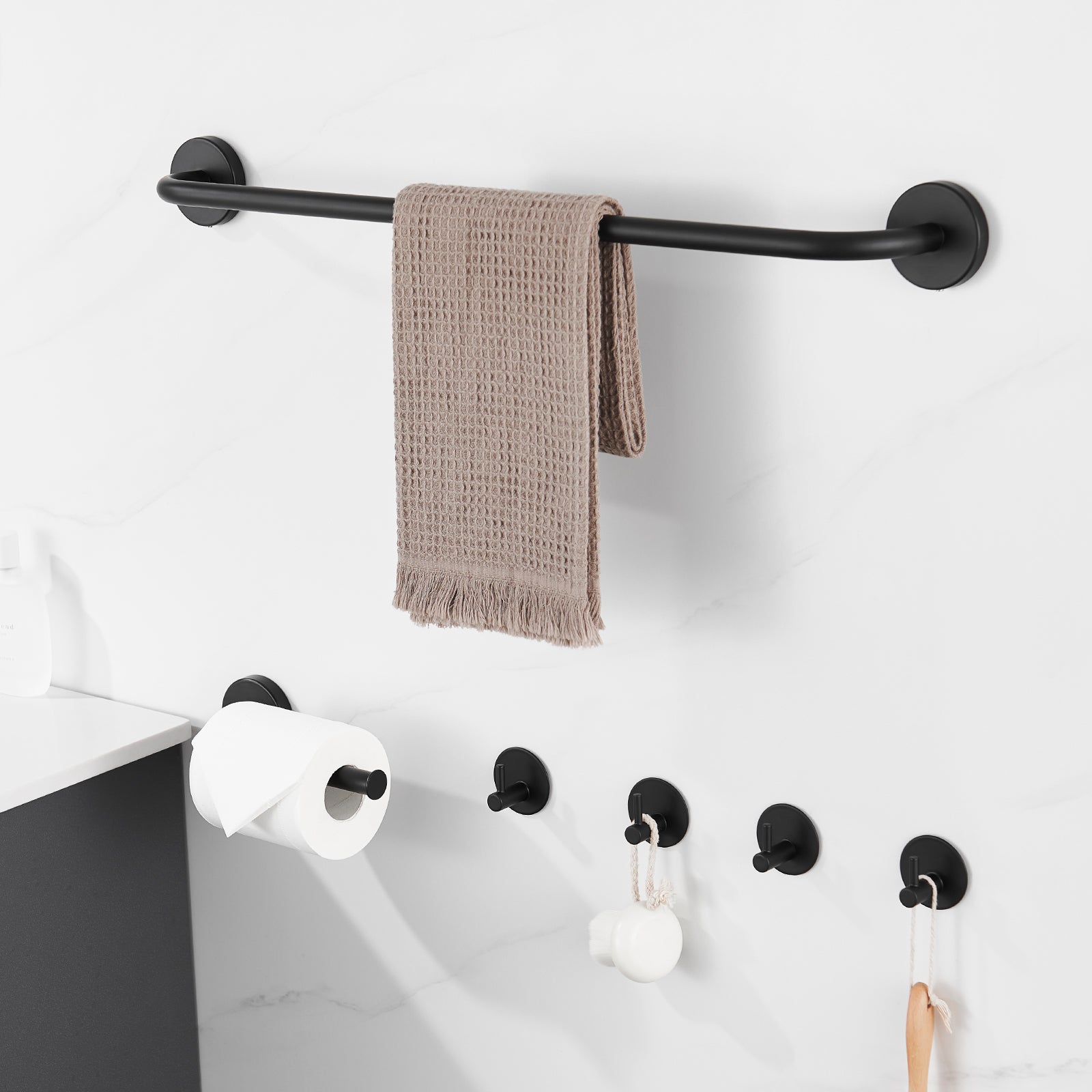 Auralum Max Ensemble Salle Bain Accessoire 6 Pièces,Auto-adhésif ou percer,Porte-Serviettes,Porte-Papier Toilette,Crochet Mural,en Inox,Noir Mat - 2