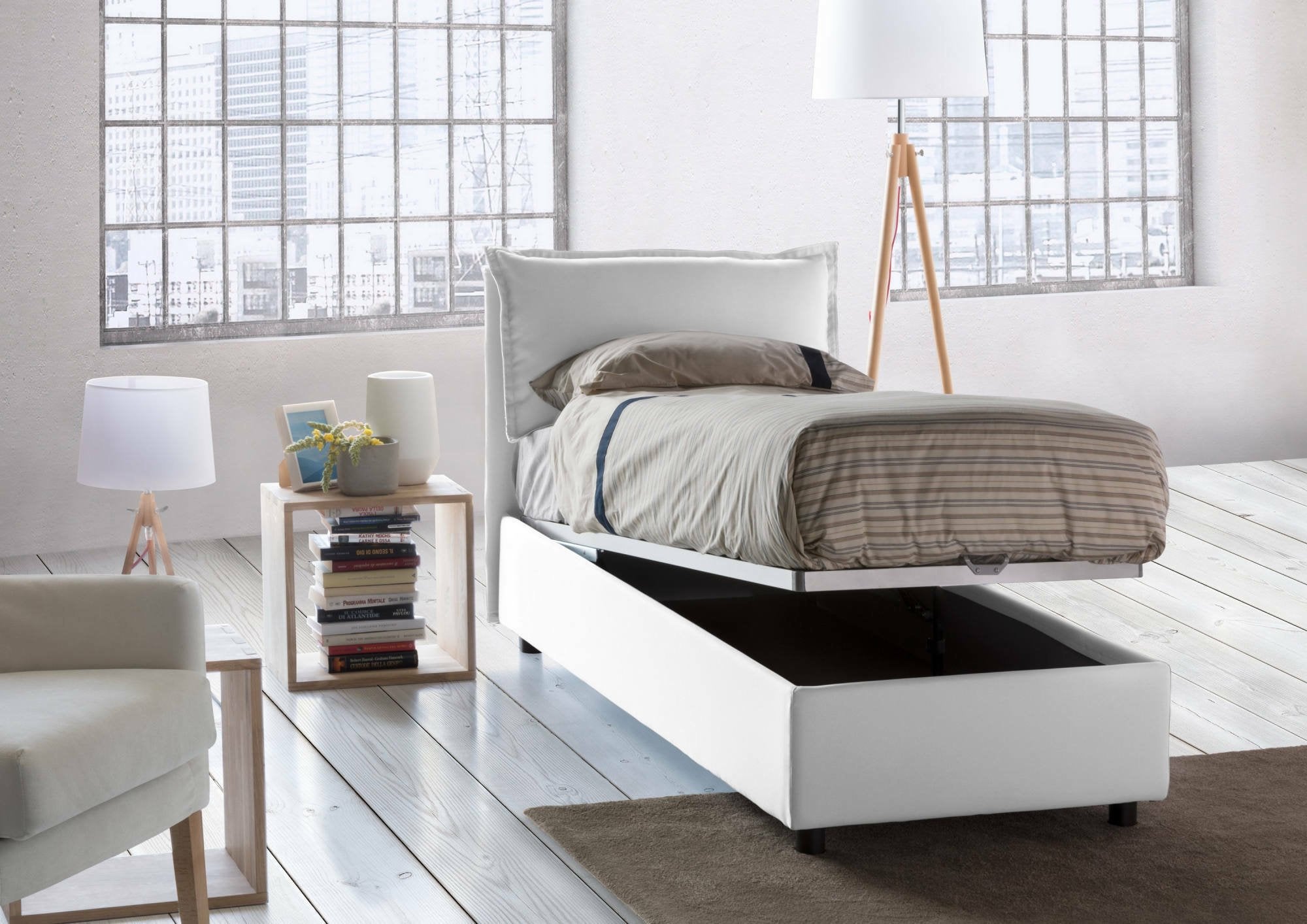 Lit simple Rossella, Lit coffre avec revêtement en tissu, 100% Made in Italy, Ouverture frontale, avec matelas 80x200 cm inclus, Blanc - 5
