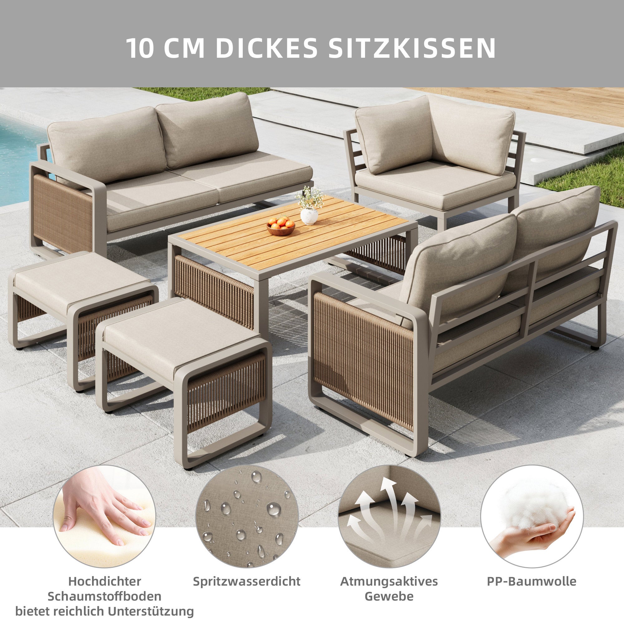 Salon de jardin corde tissée à la main pour 6-7 personnes,avec pieds de chaise réglables,Ensemble de canapé d'angle extérieur avec table basse,Beige - 2