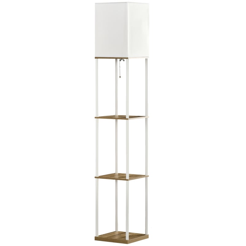 Lampă de podea, proiector de tavan, cu rafturi, cadru metalic, abajur din material, 26x26x159cm, alb/maro, Lampă de podea, Alb, MDF+Metal