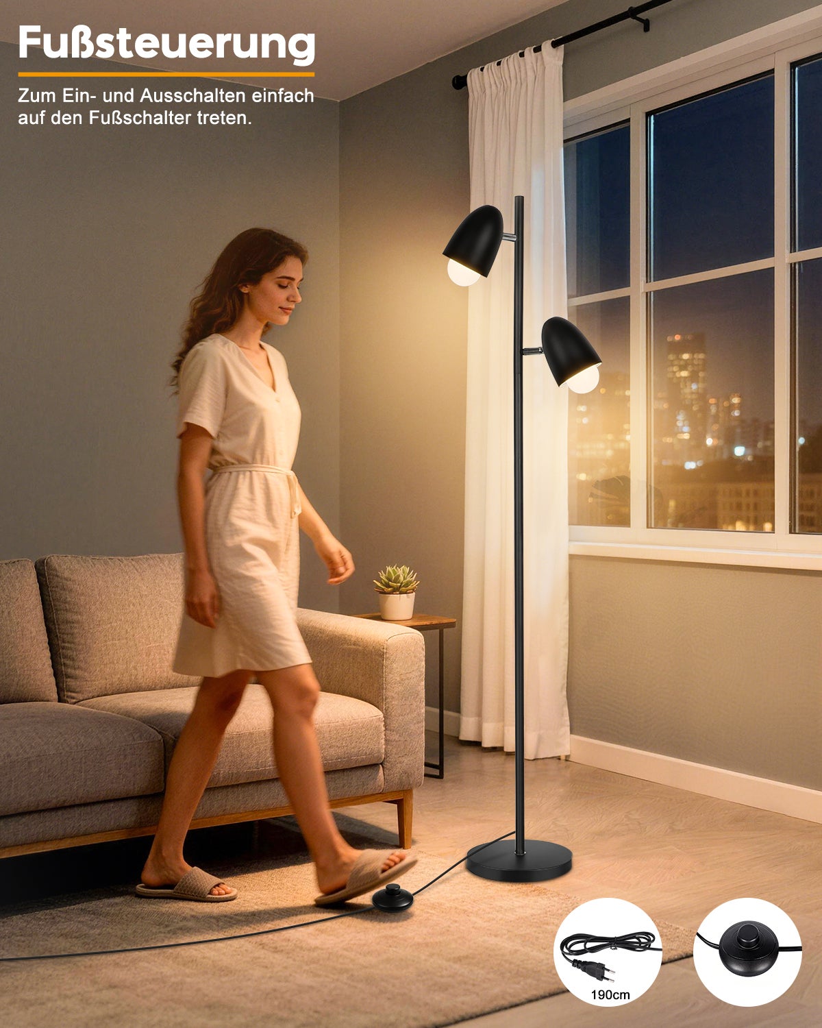 Lampadaire sur pied LED 163 cm noir, double tête réglable 350°, lampadaire salon industriel E27 max. 60W, éclairage lecture chambre bureau, LOVHAUS - 7