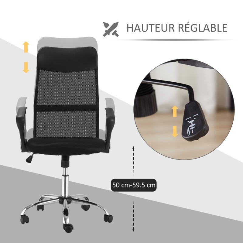 Fauteuil de bureau manager grand confort dossier ergonomique hauteur assise réglable pivotant tissu maille noir - 4