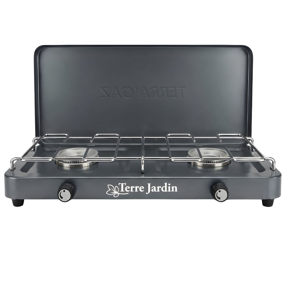 Réchaud de camping 2 feux gaz anthracite 42 × 22 cm avec couvercle pliable Terragaz - 2