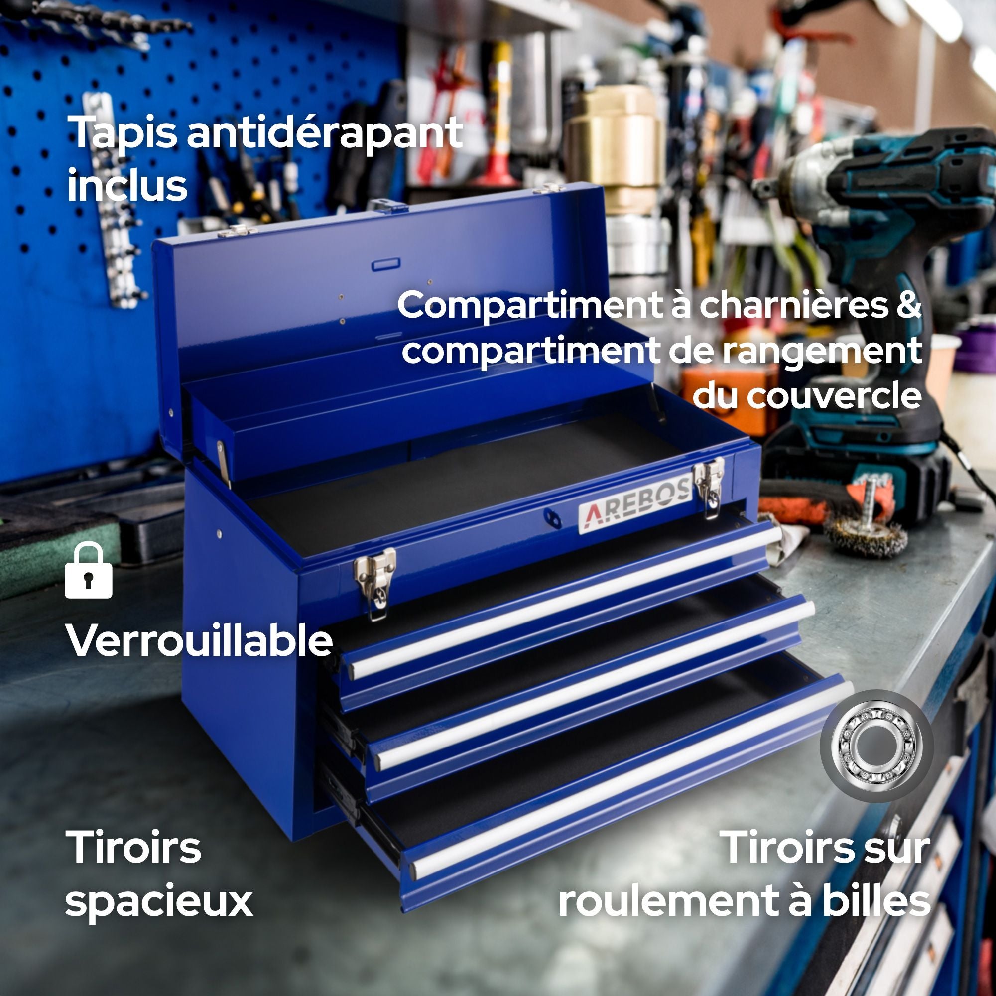 AREBOS Boîte à outils avec 3 tiroirs et 2 compartiments de rangement Bleu Poignée de transport et fermetures à pression Coffret à Outils Tapis - 3