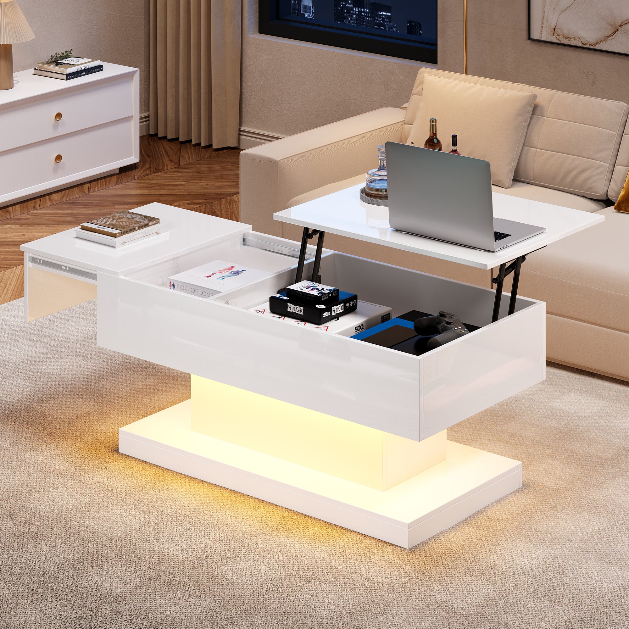 Table basse avec plateau relevable - 100 x 50 x 45 cm - LEDs - Panneaux de particules et métal - Blanc brillant - 3