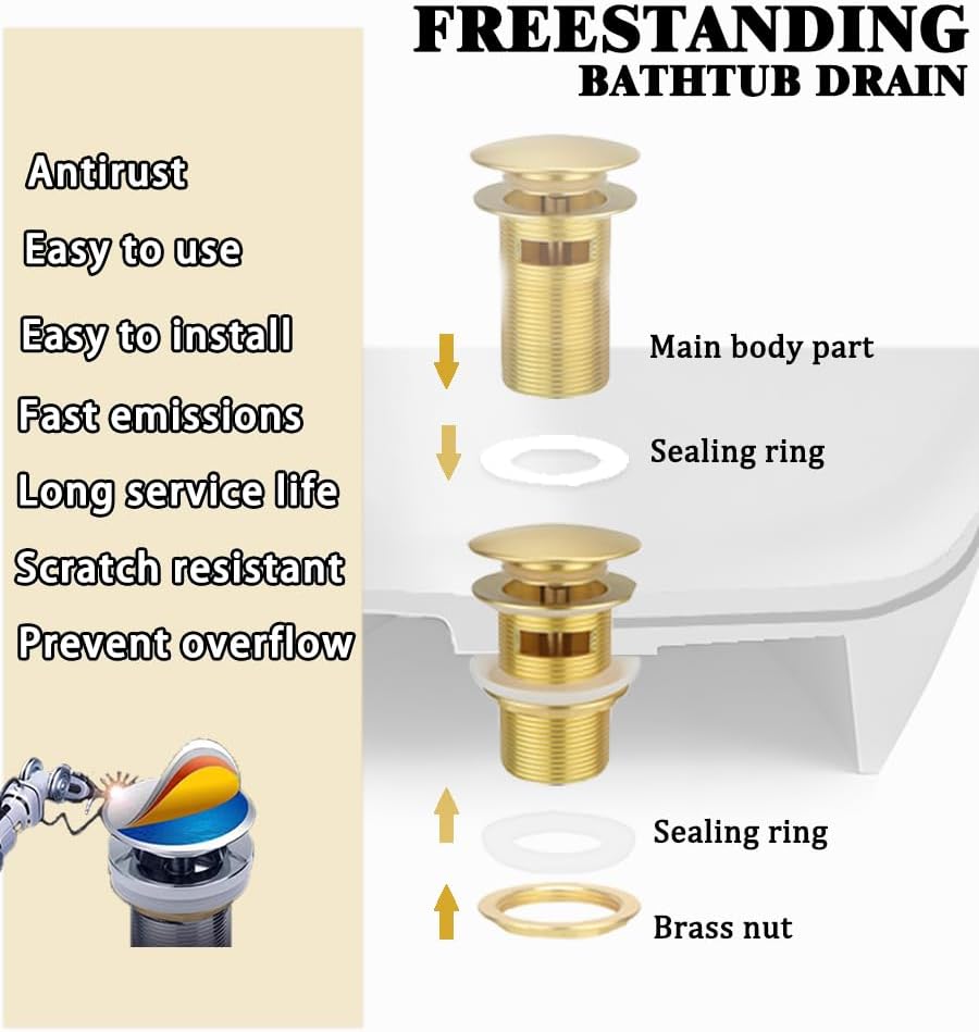 Bonde universelle pour lavabo et lavabo - Valve pop-up moderne Click Clack - Bonde d'écoulement avec trop-plein, laiton, acier inoxydable, doré - 8