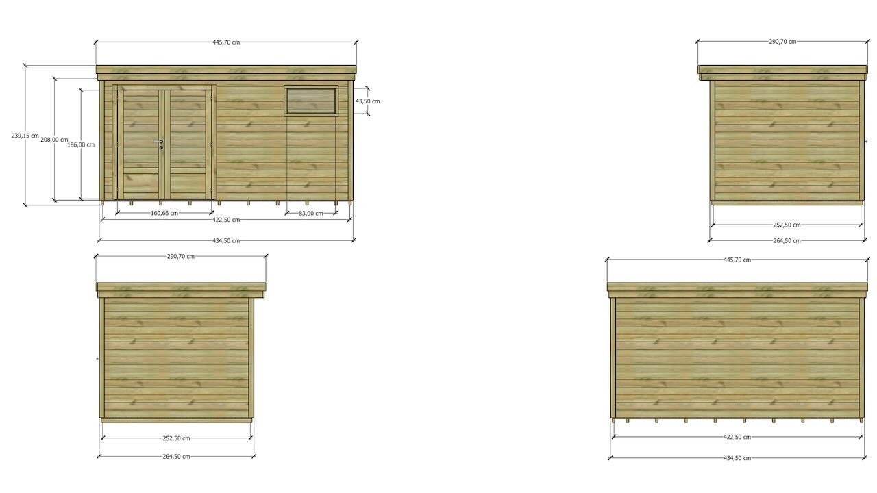 ABRI DE JARDIN bois Pin traité autoclave 27mm - 4,34x2,64m / 11,5m2 - Bac acier - Plancher bois - 5