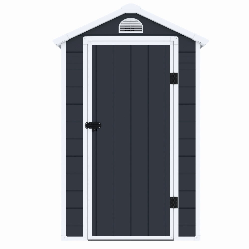 Casuta / magazie de gradina premium, panel plastic si ranforsare metal, MESTERINO AVE-B, Gri, dimensiuni 134x192x204 cm, usa cu balama, baza metalica