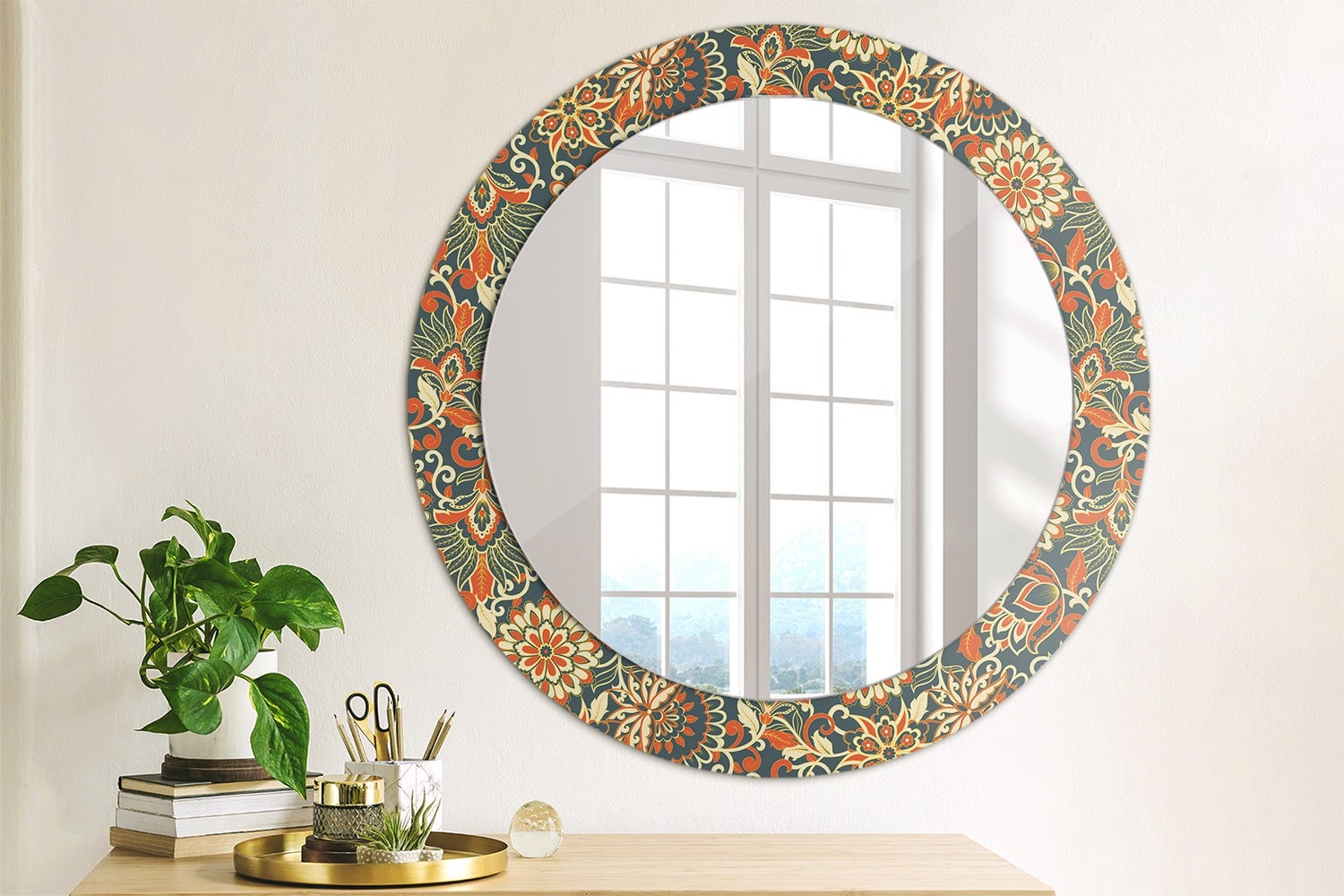 Miroir rond contemporain avec cadre en verre imprimé Fleurs rétro - 70 cm - ArtPrintCave - 3