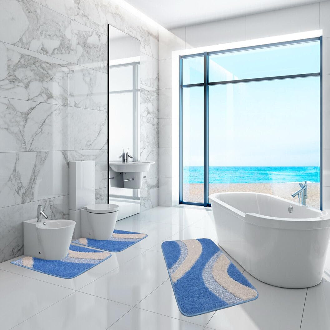 Set Di 3 Tappetini Da Bagno Morbidi E Antiscivolo - Confortevoli E Facili Da Lavare