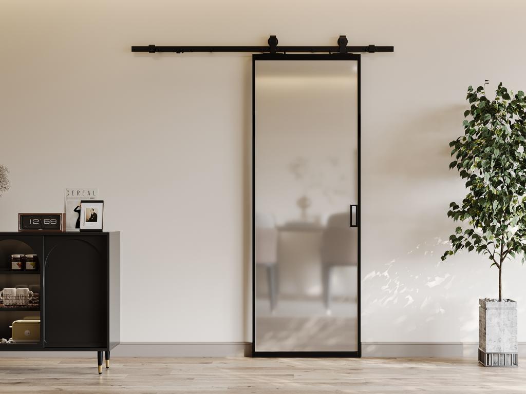 Drzwi przesuwne naścienne - aluminium i matowe szkło hartowane - wys. 205 x szer. 63 cm - LINCI II