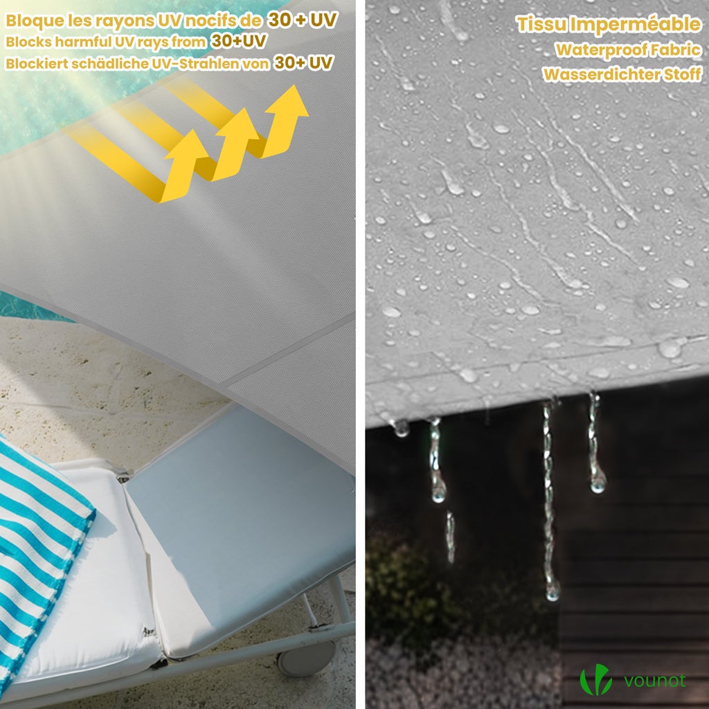 Voile d'ombrage Rectangulaire en Polyester Imperméable avec Kit de Montage 3x4m Gris Clair VOUNOT® - 4