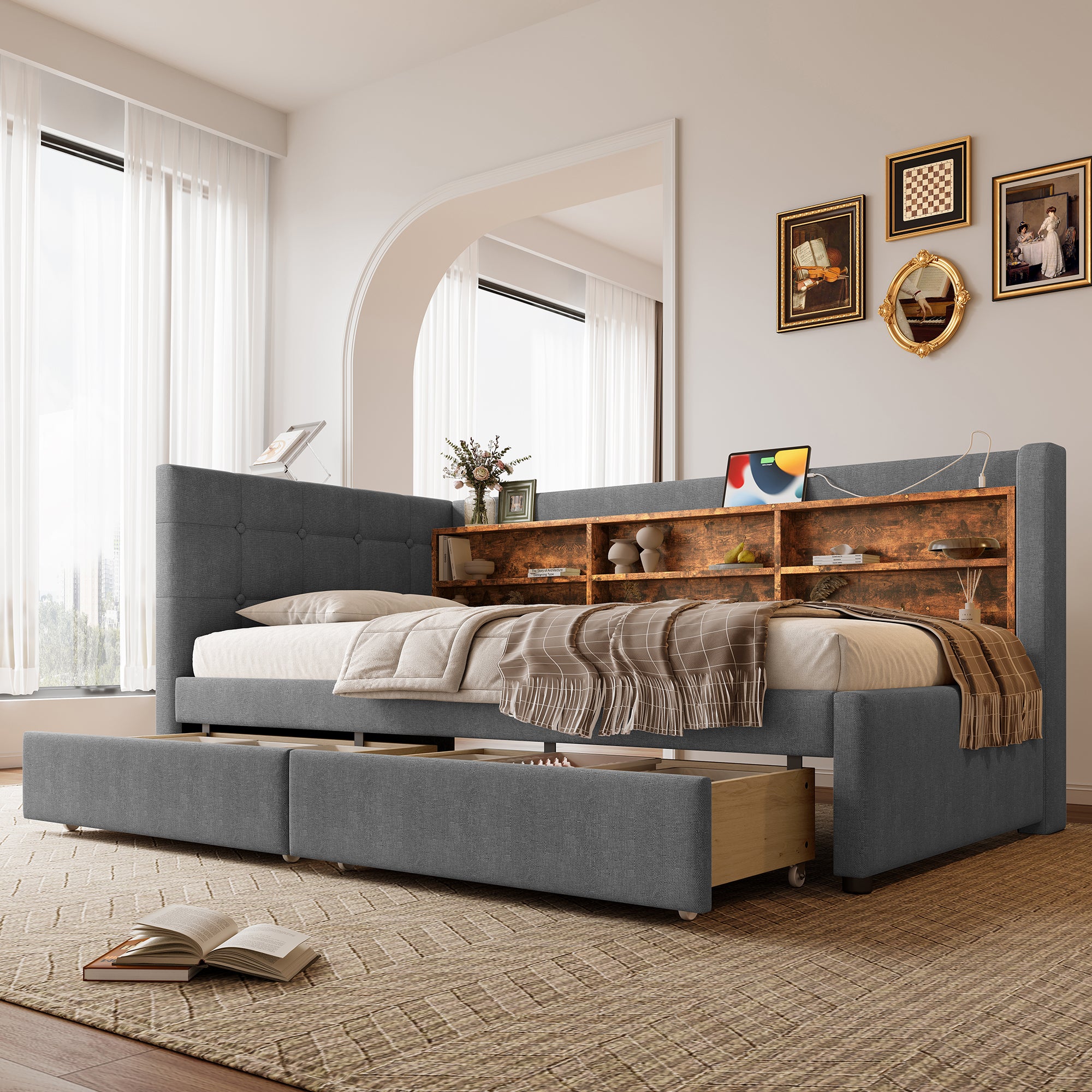 Sofa rozkładana 90x200 cm - z 2 szufladami - port USB + Typ C - ze schowkiem - pościel - beżowa (materac nie jest wliczony w cenę)