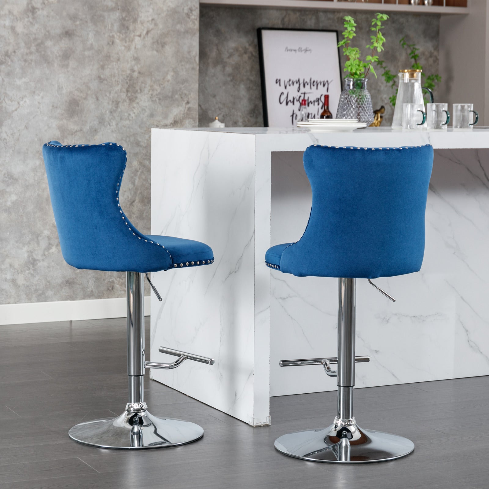 Tabouret de Bar Pivotant, Chaise de Bar Rembourrée, Lot de 2, Hauteur Réglable 63-84cm, Assise Velours avec Dossier et Base Chrome, Bleu - 2