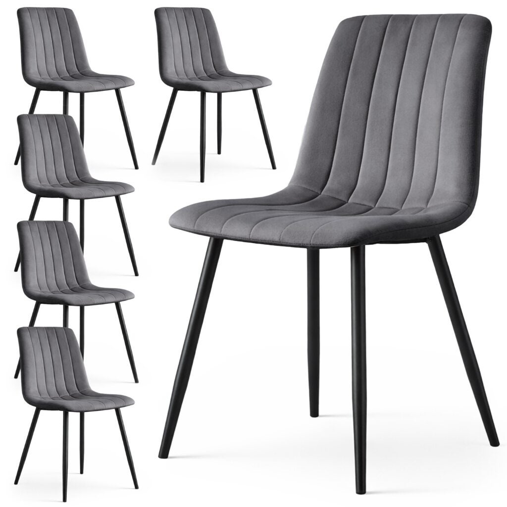 6x Welurowe krzesło tapicerowane pikowane Ciemny Grafit LIVO Czarne nogi