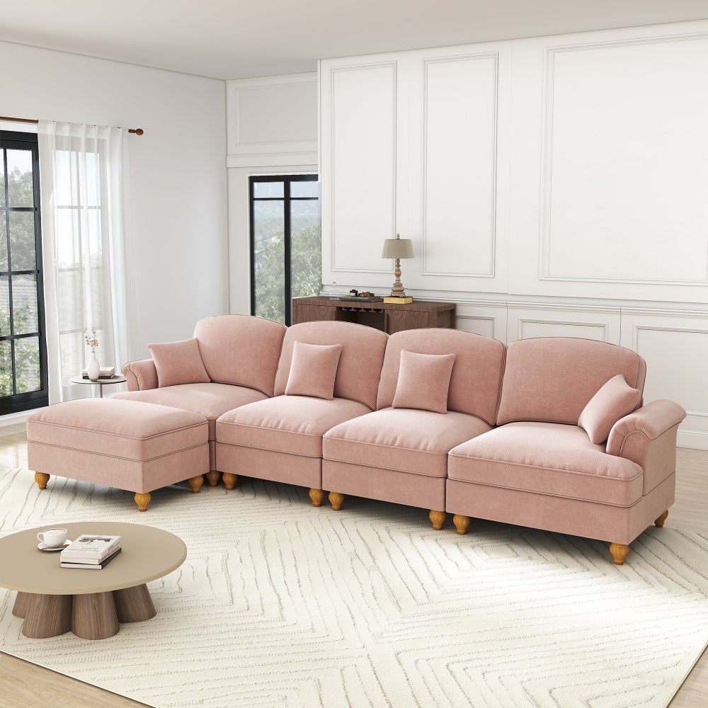 Sofa Cloud, modułowa, w kształcie litery L, 4-osobowa, szenilowa, z pufem, różowa