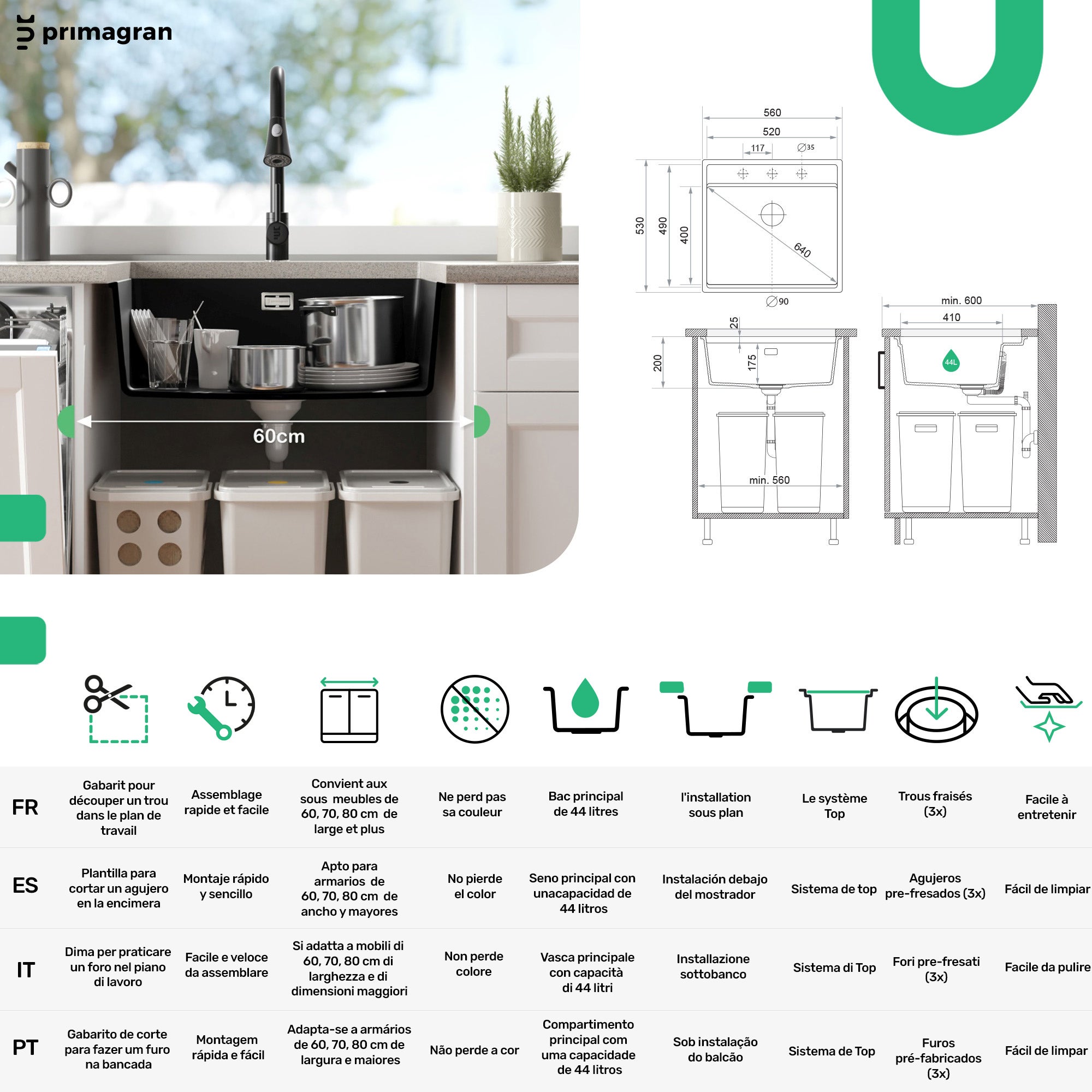 Lavello sottotop Bianco 56x53cm, Lavandino in Granito a 1 vasca + Sifone Classico + Tagliere, Lavabo da Cucina al mobile 60cm - Bergen PRIMAGRAN - 6