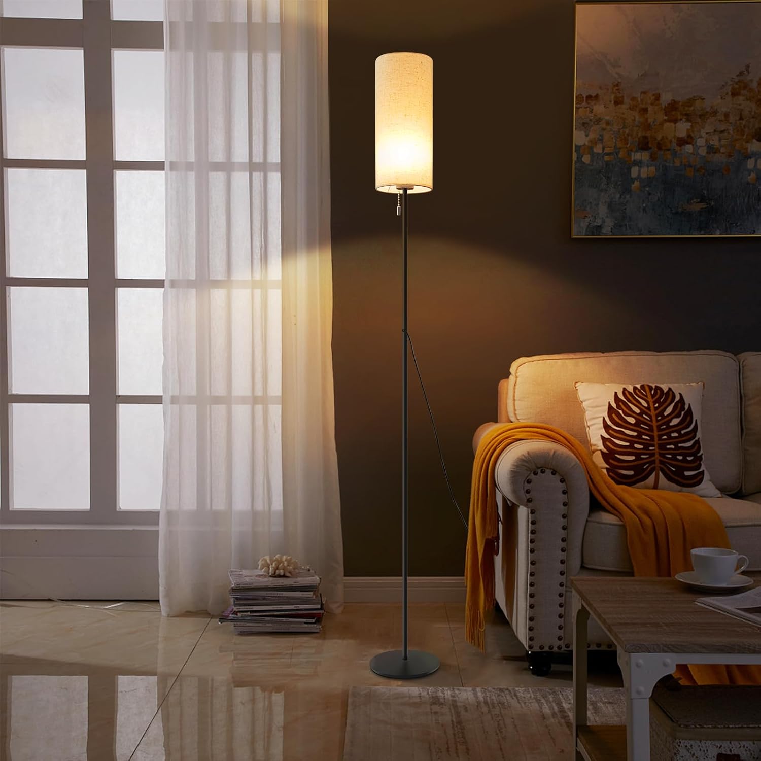 ZMH Lampa podłogowa LED Retro z kloszem z tkaniny ściemniającej do salonu z przełącznikiem kablowym - 2