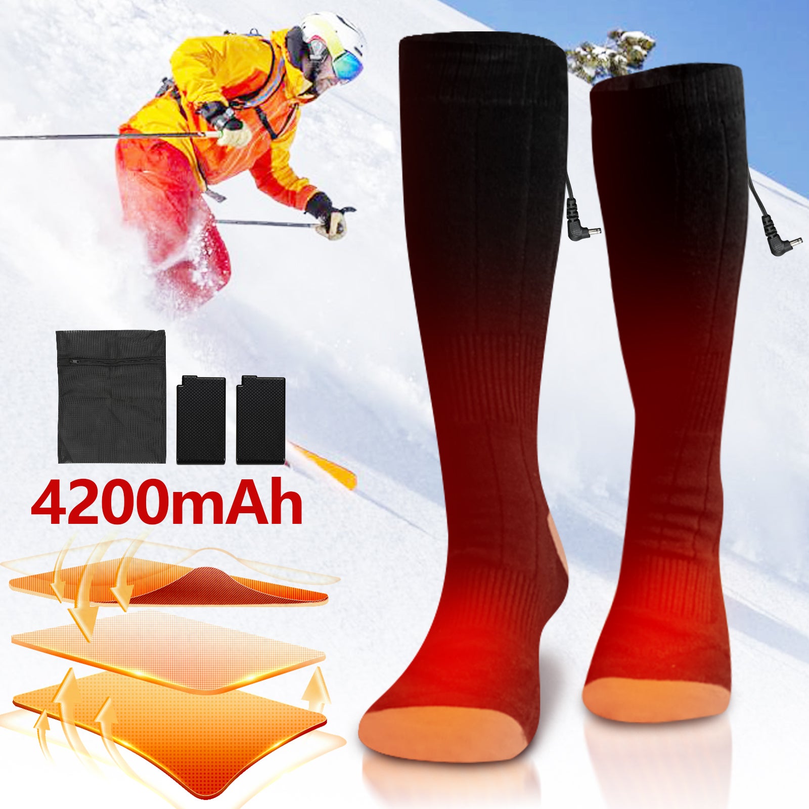 Calzini Riscaldati Ricaricabili - 3 Livelli Di Temperatura, Batteria 6000 MAh, Lavabili, Per Escursionismo, Campeggio, Ciclismo