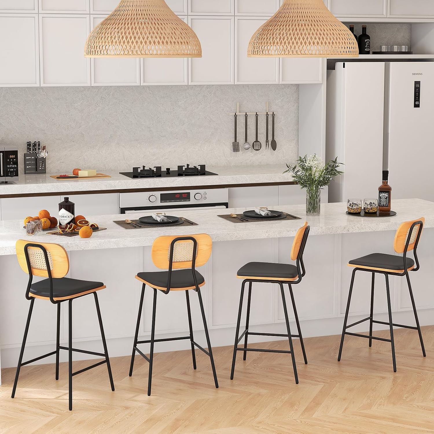 Zestaw 2 Stołków Barowych z Oparciem z Rattanu, Metalowymi Nogami, Krzesłami do Jadalni z Wygiętym Siedziskiem z Tapicerką i 3-Stronnym Podnóżkiem - 8