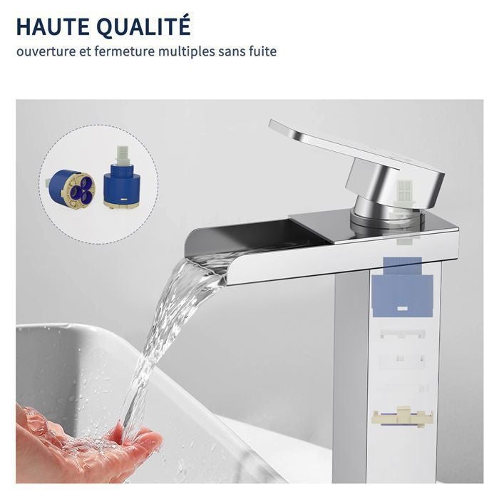 Robinet Salle de Bain Cascade Haut Mitigeur Lavabo Mitigeur Évier en Laiton Chromé Design Moderne - 2