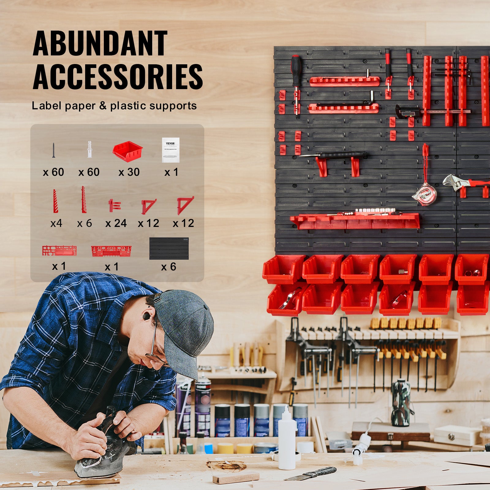 Étagère Bac à Bec Plastique,VEVOR 30 Boites Rangement Empilables Atelier Garage avec Panneaux Muraux,Organisateur Outils pour Écrous,Clous,Noir/Rouge - 5