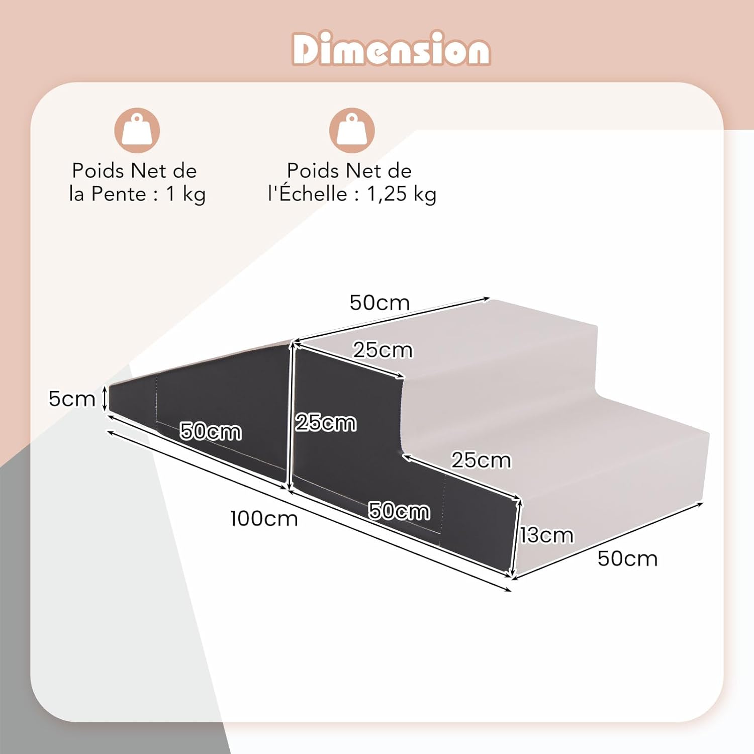 2PCS Parcours Motricité Bébé en Mousse avec Housse Amovible en PU, avec Marche & Toboggan, Jouets Éducatifs pour Ramper Grimper(Gris) - 5