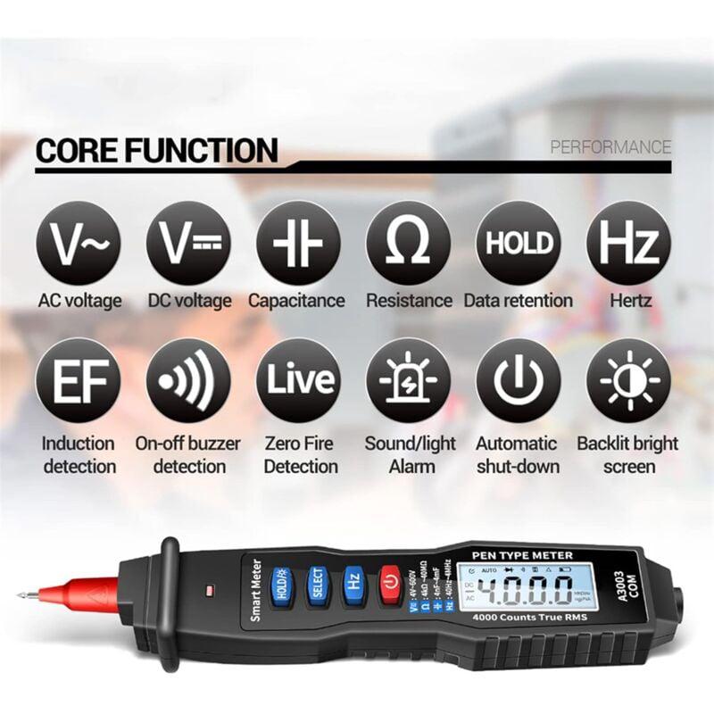 Multimètre numérique portable de type stylo 4000 points testeur de capacité de tension AC/DC NCV A3003 (noir) - 4