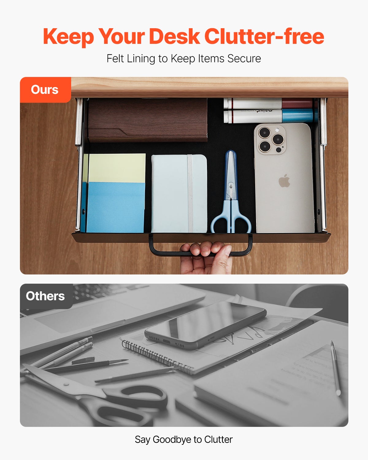 Cassetto scorrevole sotto scrivania 33 cm,VEVOR organizer nascosto,cassetto per matite per postazione scrivania a casa,38,1 x 22,9 x 7,6 cm - 6