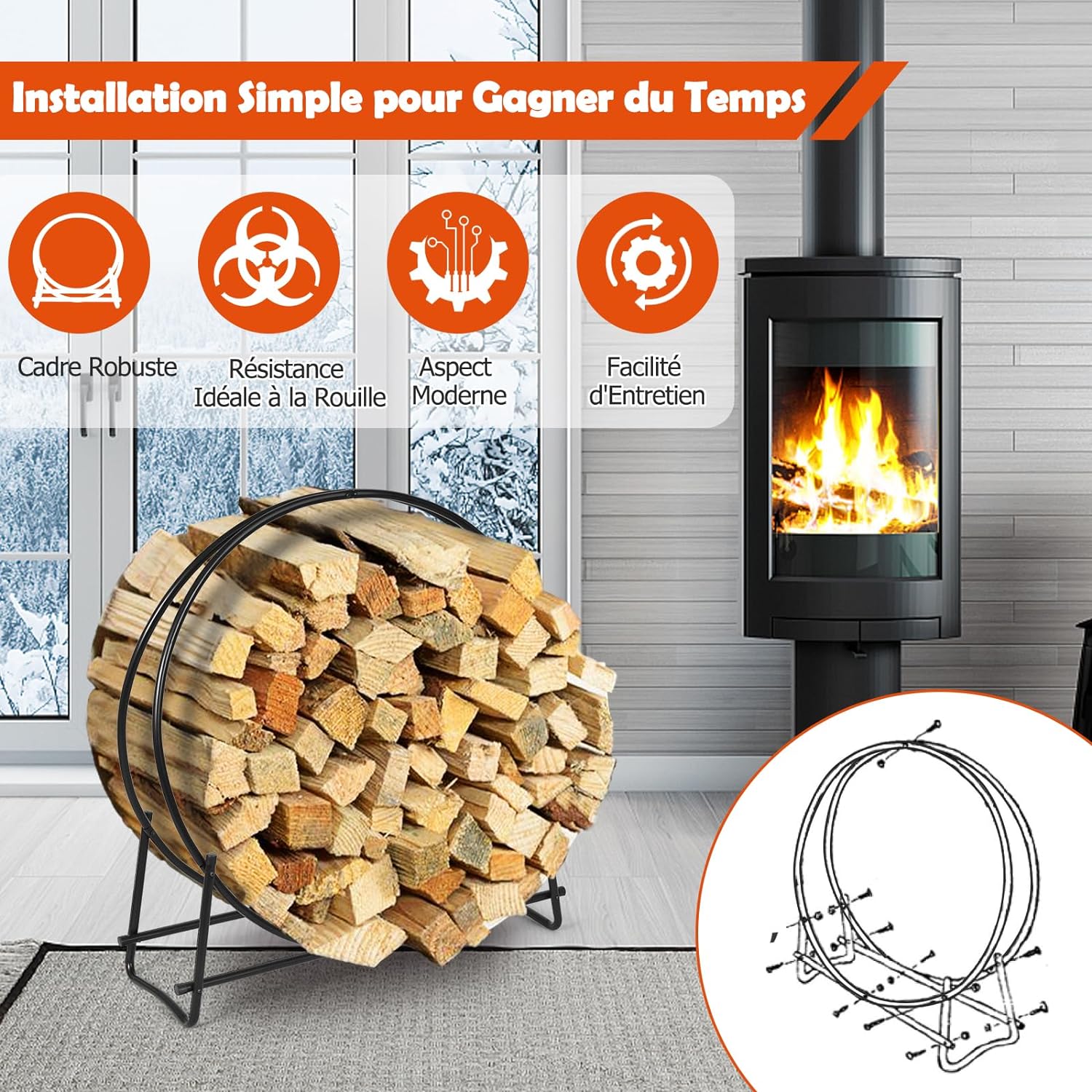 Portalegna da Interno ed Esterno, Porta Legna per Camino in Acciaio Resistente, Portalegna da Ardere per Caminetto e Braciere, Portata 200 kg - 4