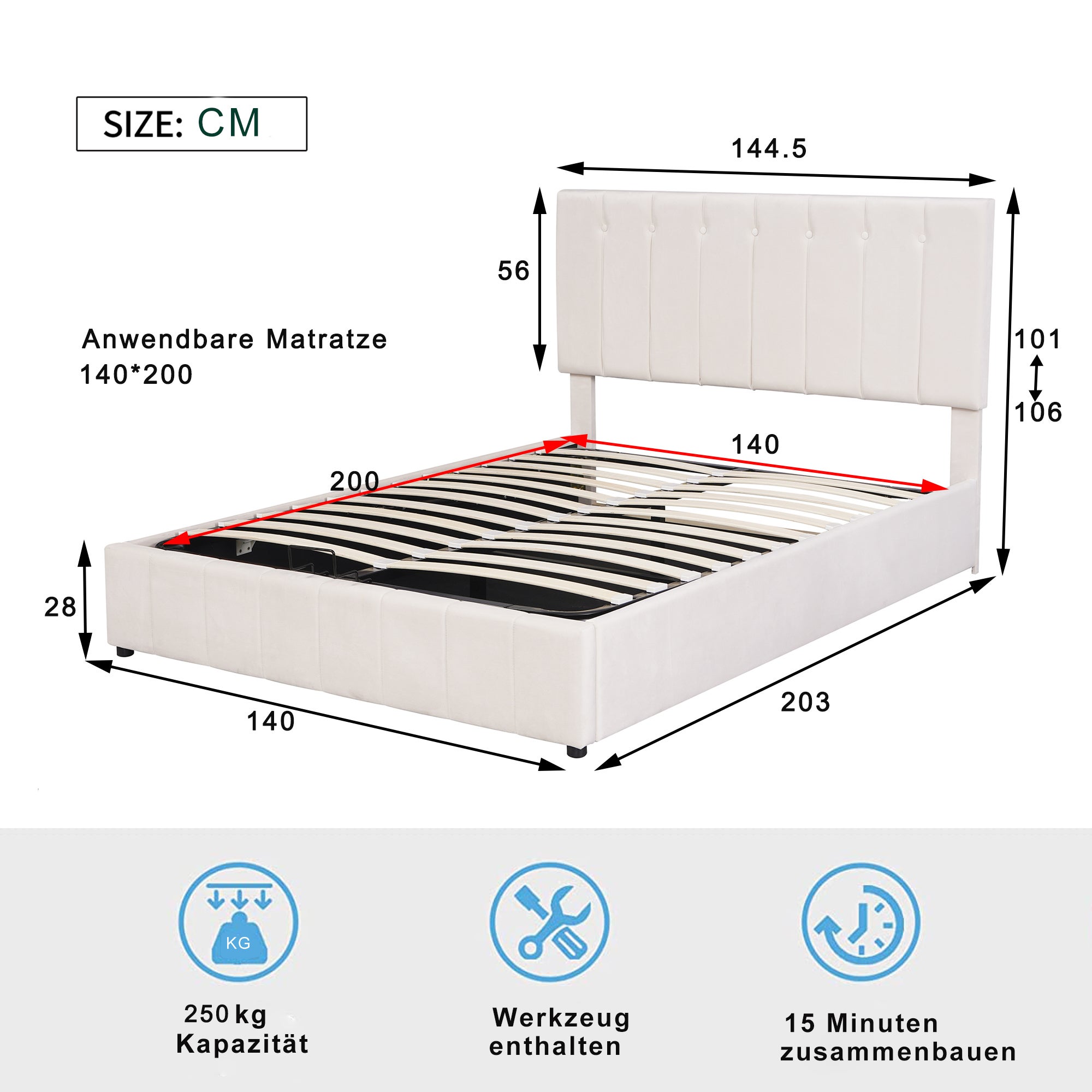 Cama contenedor con cabecero ajustable y almacenaje - 140 x 200 cm - terciopelo - somier de láminas - blanco - 5