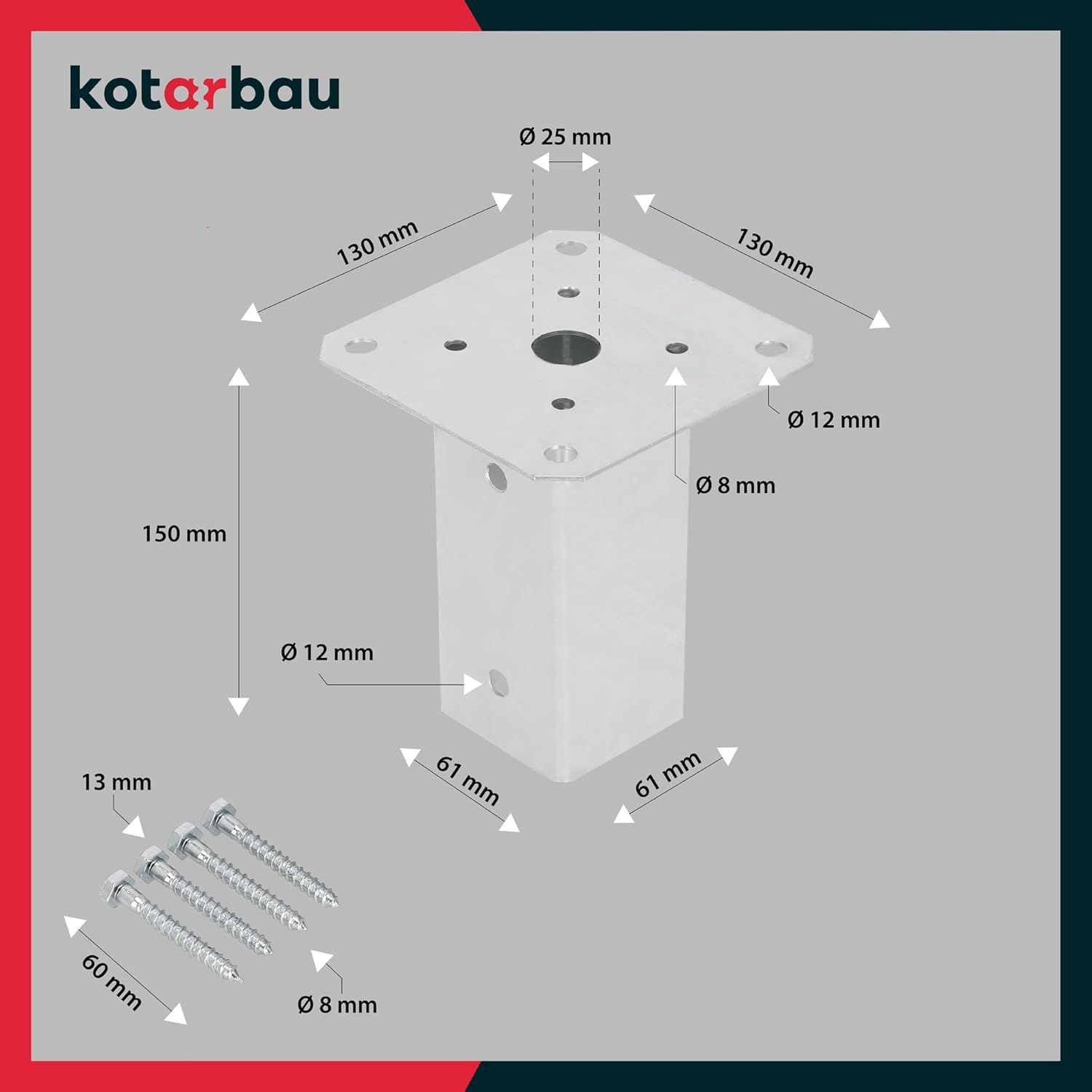 Soporte para poste a fijar 60 x 60 mm en acero galvanizado - Pie de poste cuadrado - KOTARBAU - 3