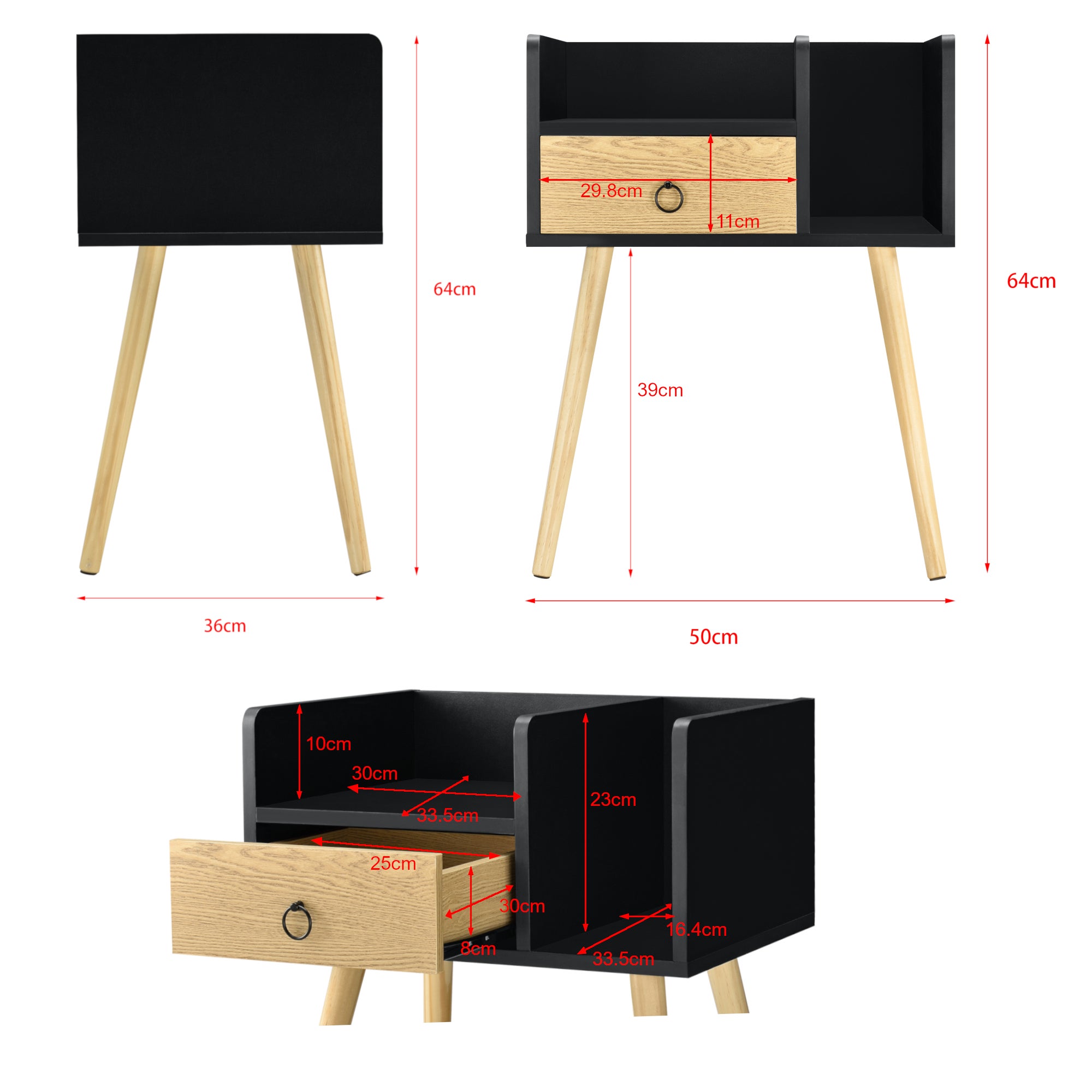 Comodino Gibbston con Cassetto e 2 Scomparti Aperti 64x50x36 cm - Nero/Colore Legno [en.casa] - 5