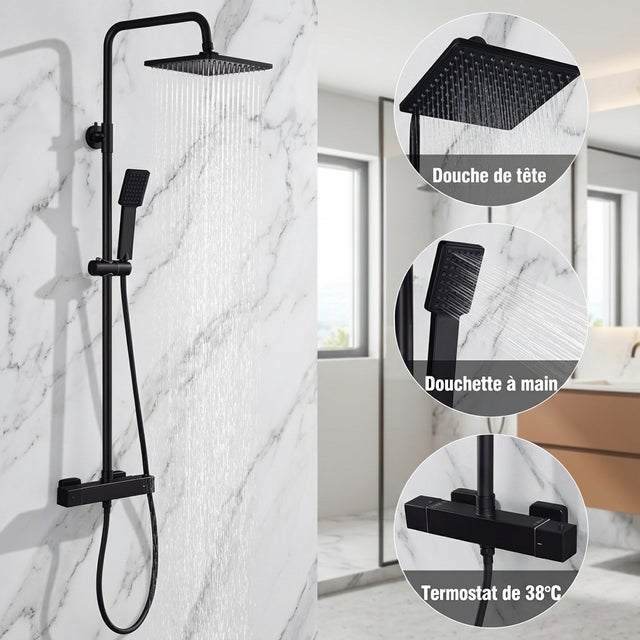 Colonne de Douche Thermostatique Noir Sans Percement Supplémentaire, Ensemble de Douche Réglable en Hauteur ( 1006-1206mm) Corps en Laiton