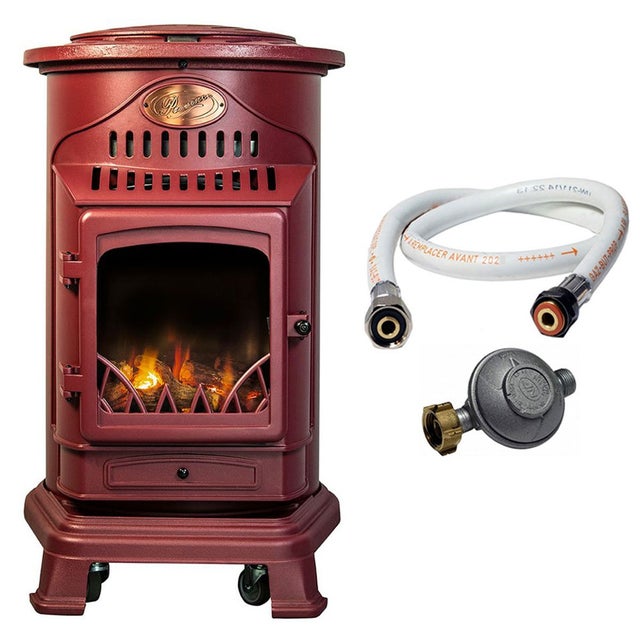 Poele à gaz 3,4 KW Rouge Effet poêle à bois Fonte véritable + Tuyau gaz + détendeur butane Provence UNIVERSAL
