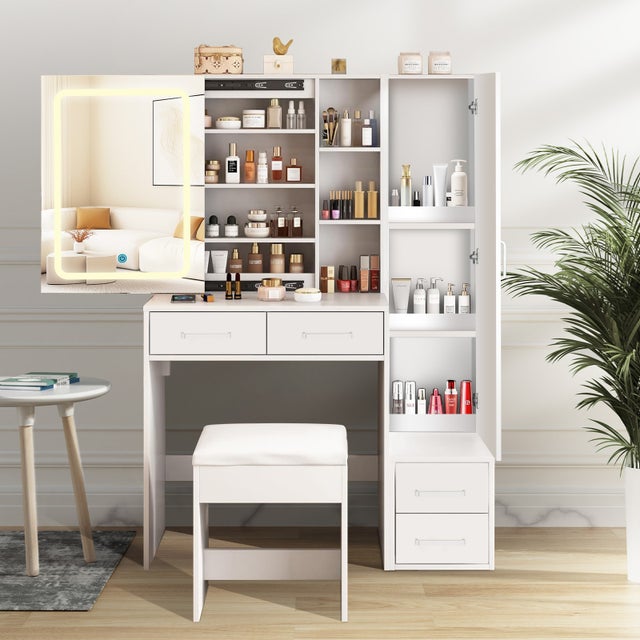 Toeletta Bianca LED Tricolore con Specchio Scorrevole, 4 Cassetti, Anta e Spazio Ottimizzato 100x40x142 cm