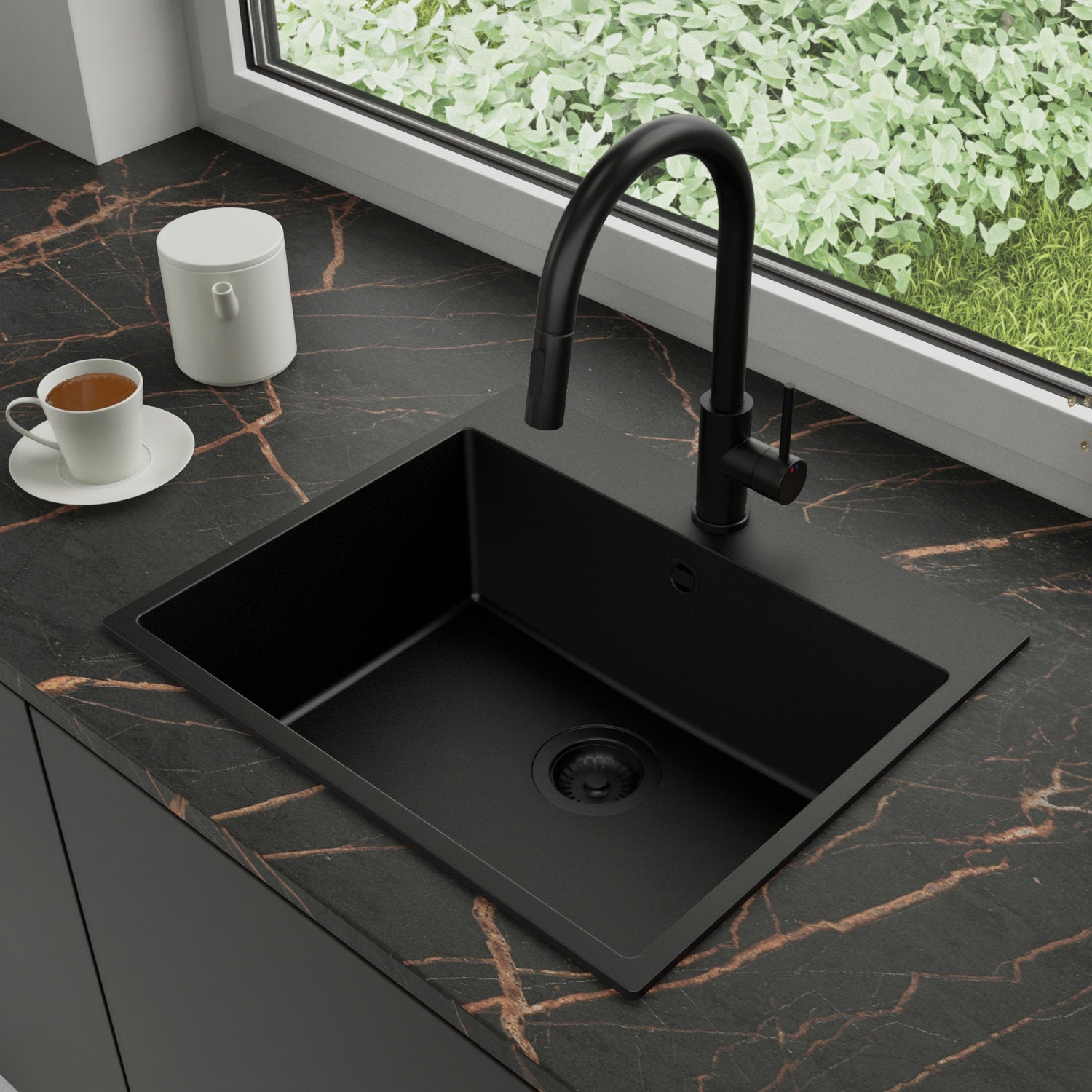Zlewozmywak Granitowy 58x50cm, do szafki od 60cm + Bateria + Syfon - Amber Cały Czarny STONESTYLE
